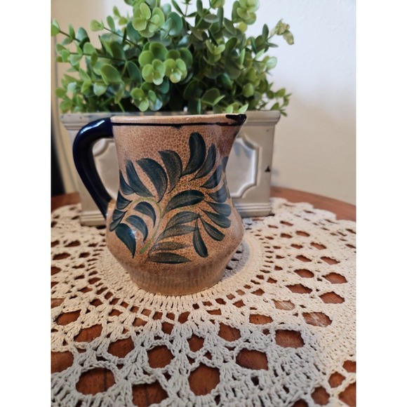 Vintage Pottery creamer folkart mug Tan and blue abstract‎ art coffee cup - Picture 1 of 6